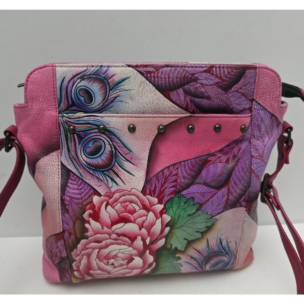 Anuschka Peacock/Rose Hand Painted Leather Crossbody/Shoulder Bag-Rosie Reverie - Picture 2 of 16